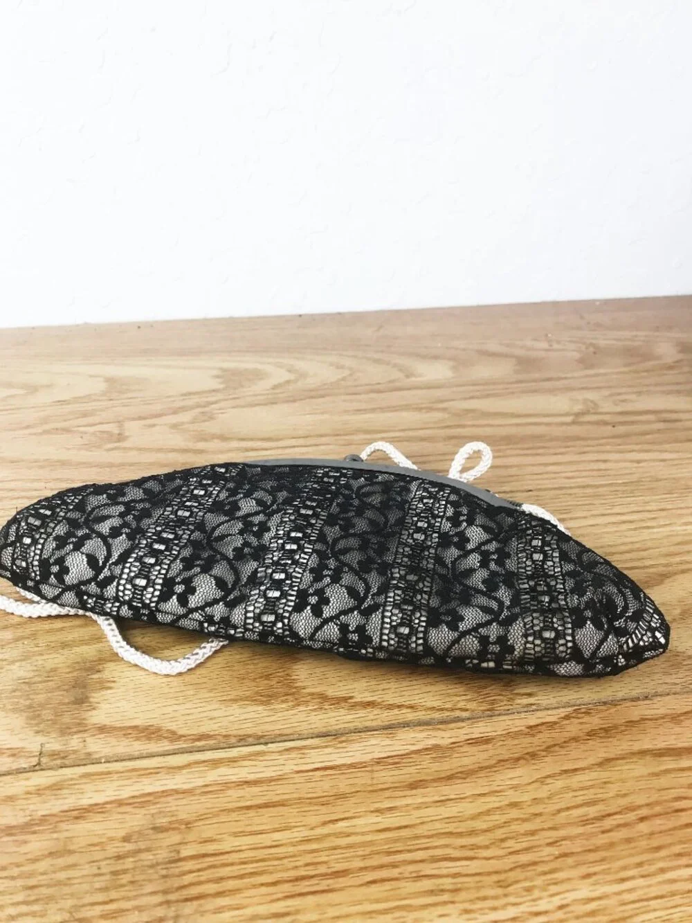 Ken Lady Black Lace Evening Clutch – Champagne Satin, Gunmetal Frame & Cord Stra